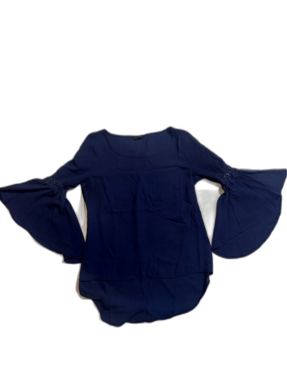Poetry Womens Navy Bell Sleeve Blouse Size L Crochet Lace High Low Top